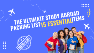 A neatly organized travel packing checklist for studying abroad, featuring essential items like luggage, passport, electronics, clothing, and travel accessories.