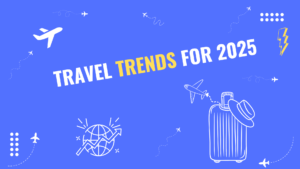 A futuristic travel scene showcasing key travel trends for 2025, including sustainable tourism, digital nomadism, and immersive experiences.